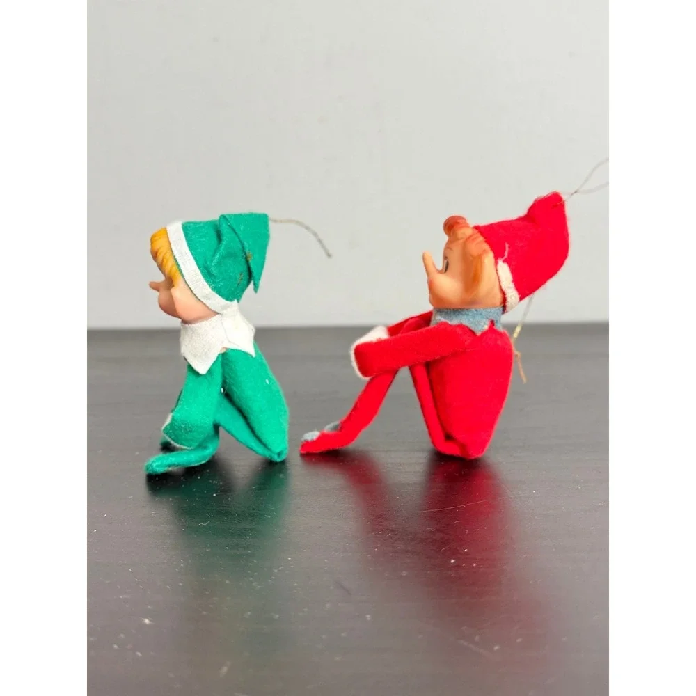 Vintage Pair of Christmas Pixie Elf Ornaments Knee Hugger Dolls Japan